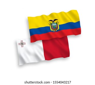 National vector fabric wave flags of Malta and Ecuador isolated on white background. 1 to 2 proportion.
