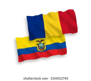 National vector fabric wave flags of Romania and Ecuador isolated on white background. 1 to 2 proportion.