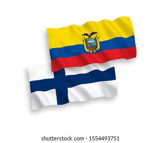 National vector fabric wave flags of Finland and Ecuador isolated on white background. 1 to 2 proportion.