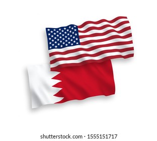 National vector fabric wave flags of Bahrain and USA isolated on white background. 1 to 2 proportion.