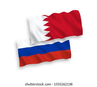 National vector fabric wave flags of Bahrain and Russia isolated on white background. 1 to 2 proportion.