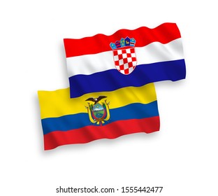 National vector fabric wave flags of Ecuador and Croatia isolated on white background. 1 to 2 proportion.