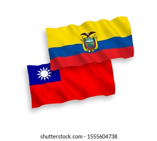 National vector fabric wave flags of Ecuador and Taiwan isolated on white background. 1 to 2 proportion.