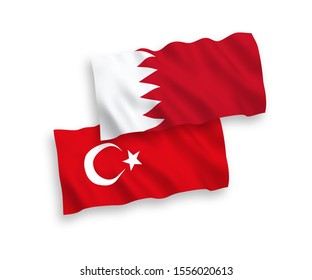 National vector fabric wave flags of Turkey and Bahrain isolated on white background. 1 to 2 proportion.