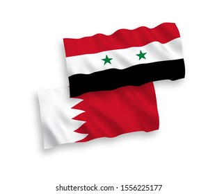 National vector fabric wave flags of Bahrain and Syria isolated on white background. 1 to 2 proportion.