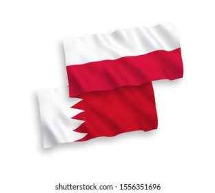 National vector fabric wave flags of Bahrain and Poland isolated on white background. 1 to 2 proportion.
