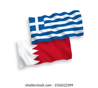 National vector fabric wave flags of Greece and Bahrain isolated on white background. 1 to 2 proportion.