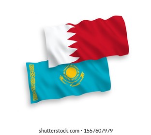 National vector fabric wave flags of Kazakhstan and Bahrain isolated on white background. 1 to 2 proportion.