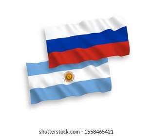 National vector fabric wave flags of Argentina and Russia isolated on white background. 1 to 2 proportion.