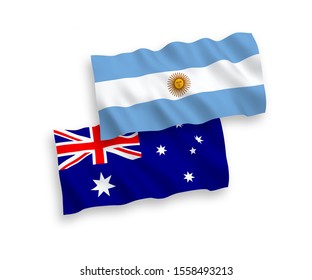 National vector fabric wave flags of Australia and Argentina isolated on white background. 1 to 2 proportion.