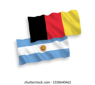 National vector fabric wave flags of Argentina and Belgium isolated on white background. 1 to 2 proportion.