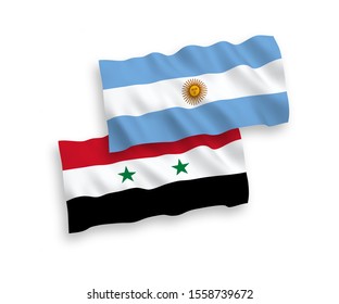 National vector fabric wave flags of Argentina and Syria isolated on white background. 1 to 2 proportion.