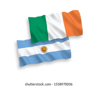National vector fabric wave flags of Ireland and Argentina isolated on white background. 1 to 2 proportion.