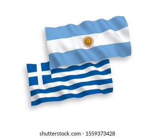 National vector fabric wave flags of Greece and Argentina isolated on white background. 1 to 2 proportion.