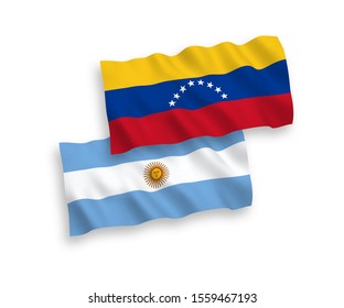 National vector fabric wave flags of Venezuela and Argentina isolated on white background. 1 to 2 proportion.