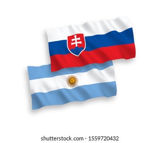 National vector fabric wave flags of Slovakia and Argentina isolated on white background. 1 to 2 proportion.