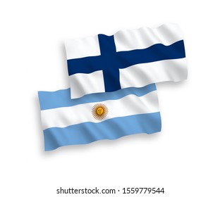 National vector fabric wave flags of Finland and Argentina isolated on white background. 1 to 2 proportion.