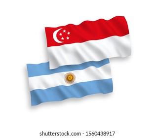 National vector fabric wave flags of Argentina and Singapore isolated on white background. 1 to 2 proportion.
