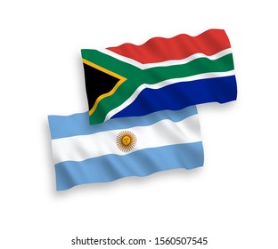 National vector fabric wave flags of Argentina and Republic of South Africa isolated on white background. 1 to 2 proportion.