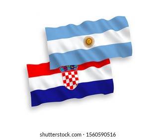 National vector fabric wave flags of Argentina and Croatia isolated on white background. 1 to 2 proportion.