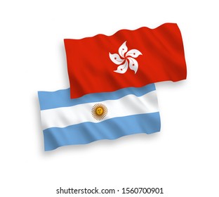 National vector fabric wave flags of Argentina and Hong Kong isolated on white background. 1 to 2 proportion.