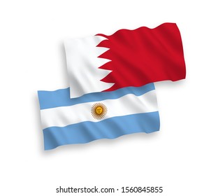 National vector fabric wave flags of Argentina and Bahrain isolated on white background. 1 to 2 proportion.