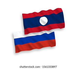 National vector fabric wave flags of Laos and Russia isolated on white background. 1 to 2 proportion.