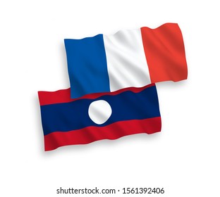 National vector fabric wave flags of France and Laos isolated on white background. 1 to 2 proportion.