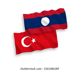 National vector fabric wave flags of Turkey and Laos isolated on white background. 1 to 2 proportion.