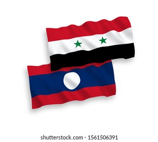 National vector fabric wave flags of Laos and Syria isolated on white background. 1 to 2 proportion.