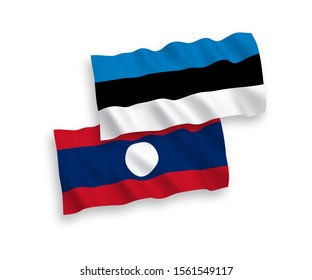 National vector fabric wave flags of Estonia and Laos isolated on white background. 1 to 2 proportion.