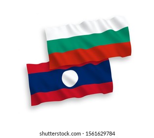 National vector fabric wave flags of Bulgaria and Laos isolated on white background. 1 to 2 proportion.