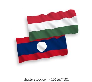 National vector fabric wave flags of Laos and Hungary isolated on white background. 1 to 2 proportion.