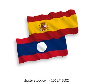 National vector fabric wave flags of Laos and Spain isolated on white background. 1 to 2 proportion.