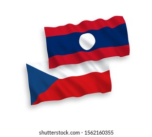 National vector fabric wave flags of Czech Republic and Laos isolated on white background. 1 to 2 proportion.