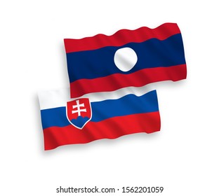 National vector fabric wave flags of Slovakia and Laos isolated on white background. 1 to 2 proportion.