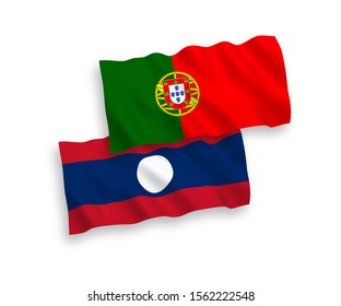National vector fabric wave flags of Portugal and Laos isolated on white background. 1 to 2 proportion.