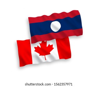 National vector fabric wave flags of Canada and Laos isolated on white background. 1 to 2 proportion.