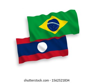 National vector fabric wave flags of Brazil and Laos isolated on white background. 1 to 2 proportion.