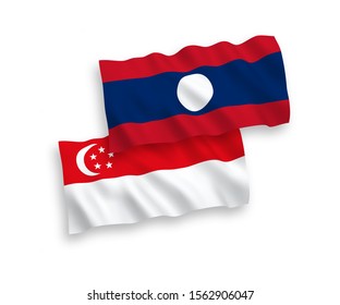 National vector fabric wave flags of Laos and Singapore isolated on white background. 1 to 2 proportion.