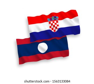National vector fabric wave flags of Laos and Croatia isolated on white background. 1 to 2 proportion.