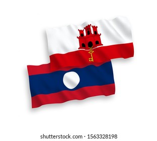 National vector fabric wave flags of Laos and Gibraltar isolated on white background. 1 to 2 proportion.