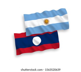 National vector fabric wave flags of Laos and Argentina isolated on white background. 1 to 2 proportion.