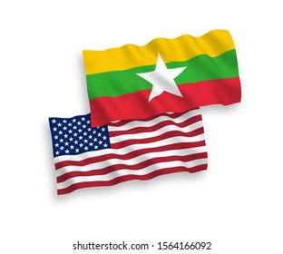 National vector fabric wave flags of Myanmar and USA isolated on white background. 1 to 2 proportion.