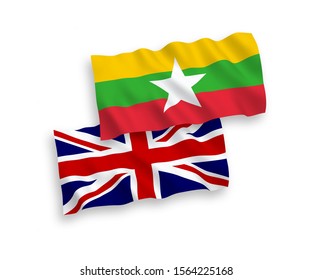 National vector fabric wave flags of Great Britain and Myanmar isolated on white background. 1 to 2 proportion.