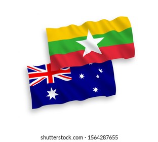 National vector fabric wave flags of Australia and Myanmar isolated on white background. 1 to 2 proportion.