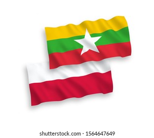 National vector fabric wave flags of Myanmar and Poland isolated on white background. 1 to 2 proportion.