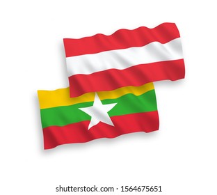 National vector fabric wave flags of Austria and Myanmar isolated on white background. 1 to 2 proportion.