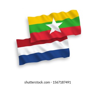National vector fabric wave flags of Myanmar and Netherlands isolated on white background. 1 to 2 proportion.