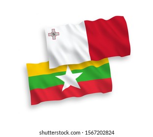 National vector fabric wave flags of Malta and Myanmar isolated on white background. 1 to 2 proportion.